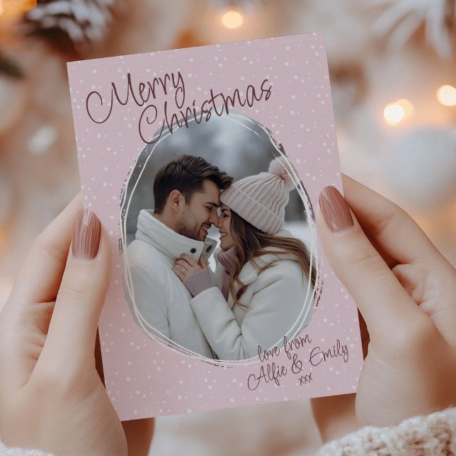Romantisk Rosa Handwrite Photo God jul Julkort (Romantic pink handwritten Merry Christmas photo card from couple)