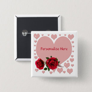 Romantisk Rosa Hearts & Röd ros Personalize Knapp