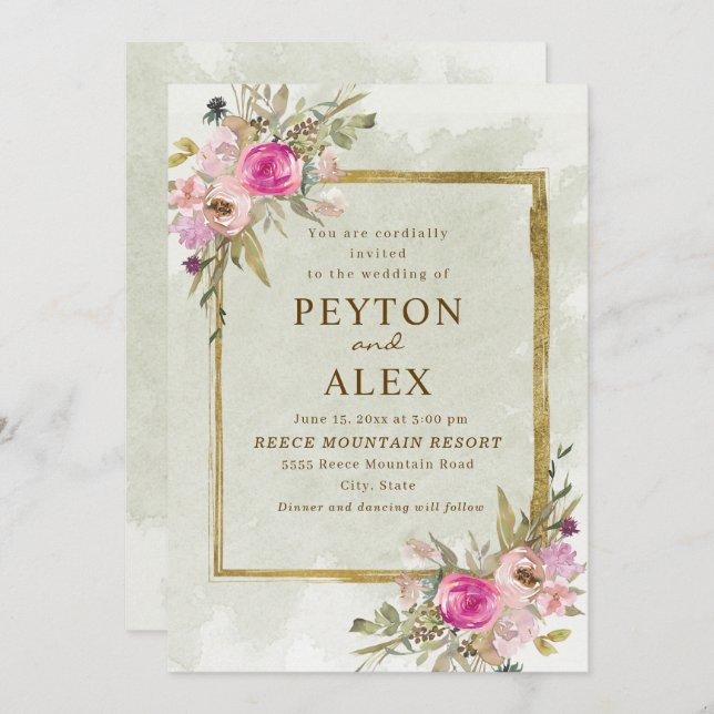 Romantisk Rosa Lila Sage Grönt Löv Guld Inbjudningar (Fram/baksida)