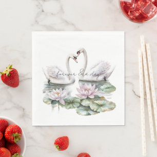 Romantisk Rosa Lotus Blommigt Svanar Bröllop Pappersservett