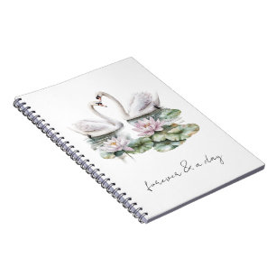 Romantisk Rosa Lotus Blommigt Svanar Forever love Anteckningsbok