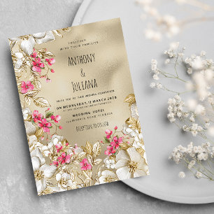 Romantisk rosa lyx vit guld blommig bröllop inbjudningar