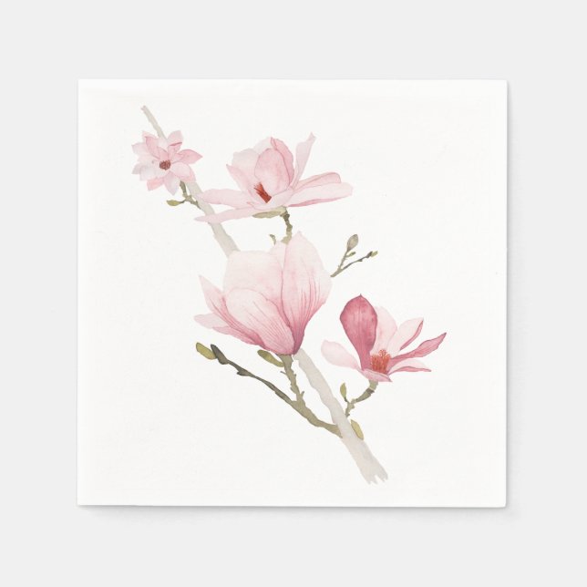 Romantisk Rosa Magnolias Greenery Napkins Pappersservett (Framsidan)