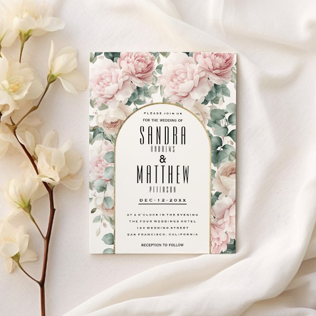 Romantisk rosa mint peony eucalyptus blommigt Bröl Inbjudningar (Romantic pink mint peony eucalyptus floral Wedding)