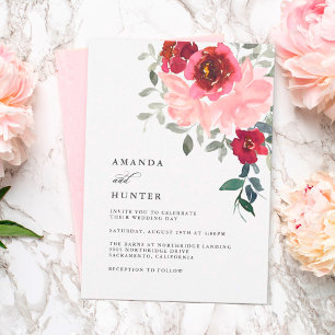 Romantisk Rosa och Burgundy Blommigt Bröllop Inbjudningar