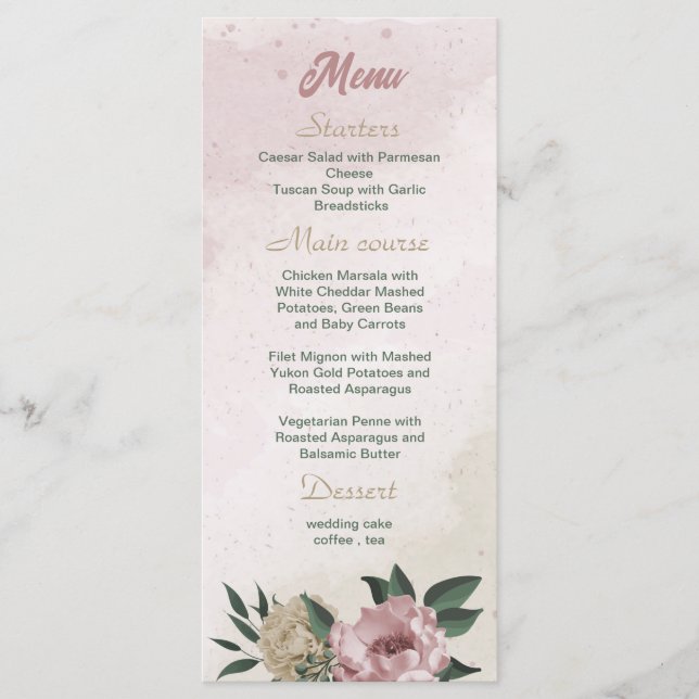 romantisk rosa och champagneblommor bröllop meny (Framsida)