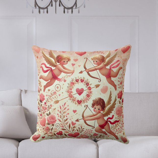 Romantisk Rosa och Guld Cupid Alla hjärtans dag  Kudde (Elegant Pink and Gold Cupid Throw Pillow – Perfect for Valentine's Day and romantic decor.







)