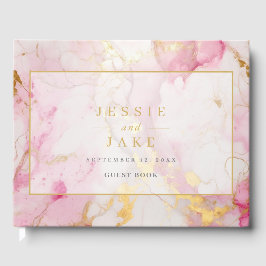 Romantisk Rosa och Guld Marble Bröllop Guest Bok