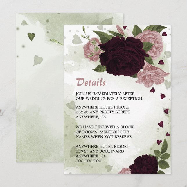 romantisk rosa och plommonblommor, grön informatio tilläggskort (Fram/baksida)