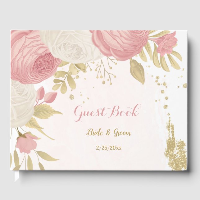 Romantisk rosa och vita blommor guld bröllop gästböcker (Framsida)