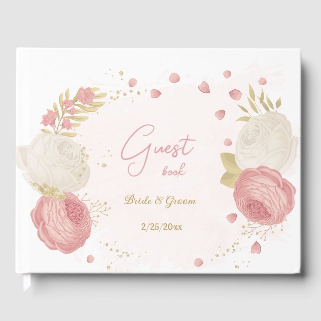 Romantisk rosa och vita blommor guld bröllop gästböcker (Framsida)