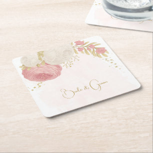Romantisk rosa och vita blommor guld underlägg papper kvadrat