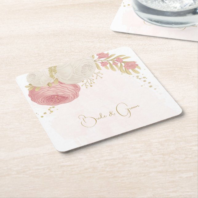 Romantisk rosa och vita blommor guld underlägg papper kvadrat (Vinklad)