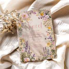 Romantisk Rosa Pastel Wildblommor Sweet 16 Invati Inbjudningar