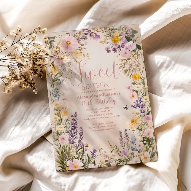 Romantisk Rosa Pastel Wildblommor Sweet 16 Invati Inbjudningar (Skapare uppladdad)