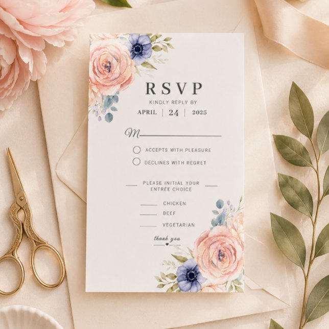 Romantisk Rosa Peonies Bröllops-Svarskortmall OSA Kort (Elegant floral RSVP card for a timeless wedding stationery suite.)