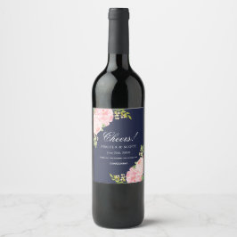 Romantisk Rosa Peonies on Blue Vin Labels Vinflaska Etikett