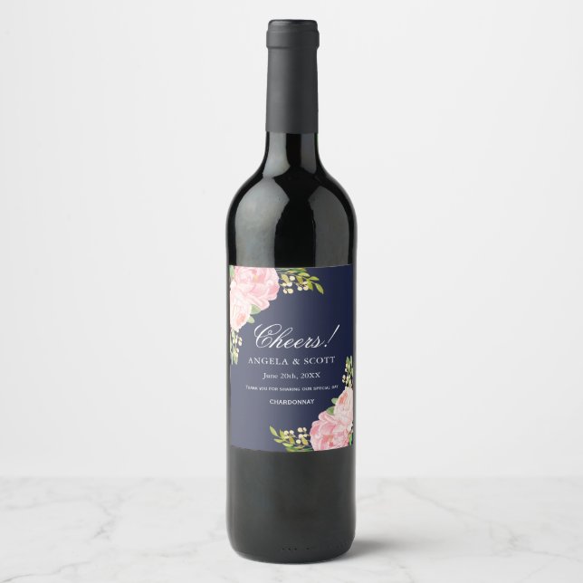 Romantisk Rosa Peonies on Blue Vin Labels Vinflaska Etikett (Framsida)