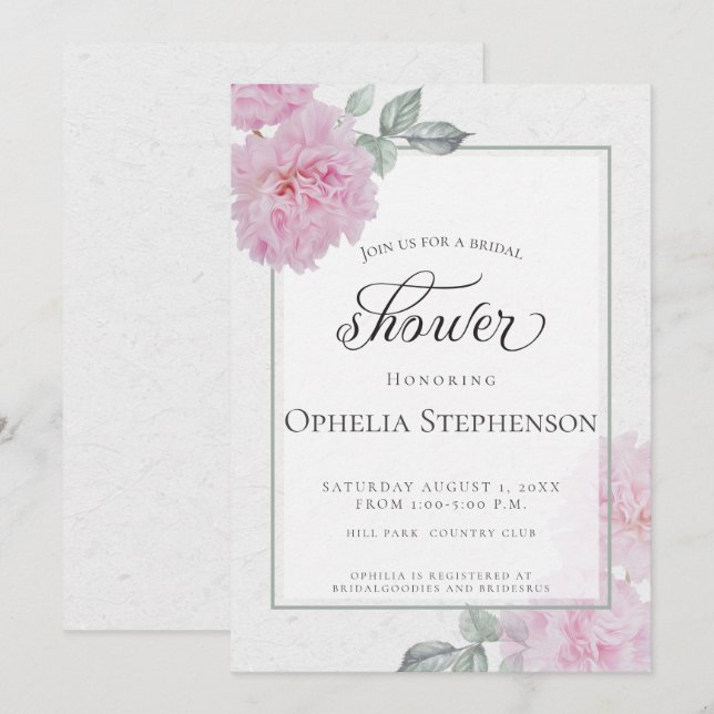 Romantisk Rosa Peonies Ris Papper Möhippa Inbjudningar (Fram/baksida)