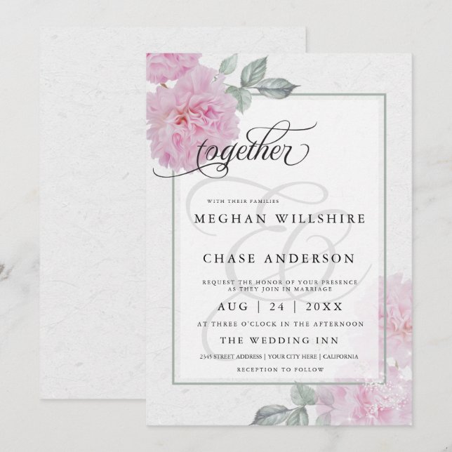 Romantisk Rosa Peonies Ris Papprare BarefootBride™ Inbjudningar (Fram/baksida)