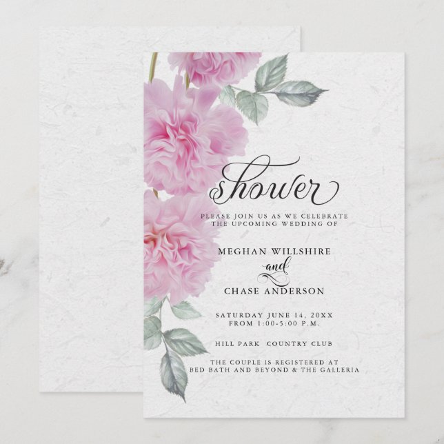 Romantisk Rosa Peonies Ris Papprare BarefootBride™ Inbjudningar (Fram/baksida)