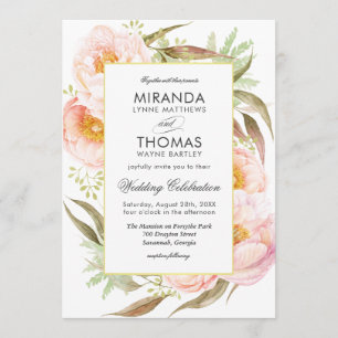 Romantisk Rosa Peonies Watercolor Blommigt Bröllop Inbjudningar
