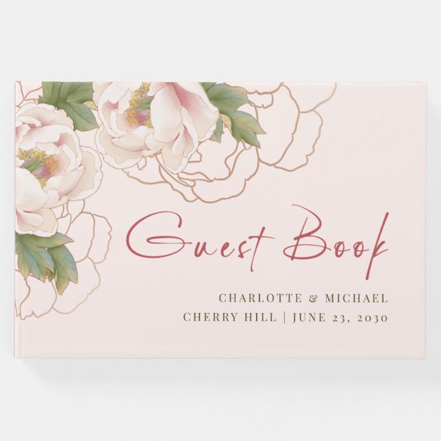 Romantisk  Rosa Peony Blommigt Bröllop GuestBook Gästböcker (Framsida)