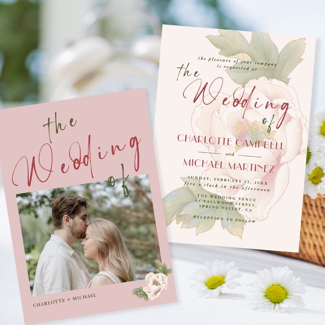 Romantisk  Rosa Peony Blommigt Photo Bröllop Inbjudningar (Skapare uppladdad)