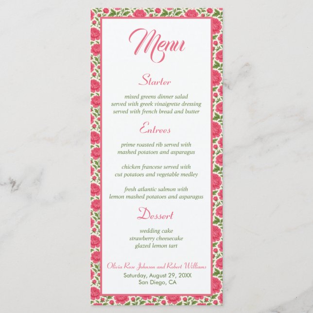 Romantisk Rosa Peony Botanical Bröllop Menu Meny (Framsida)