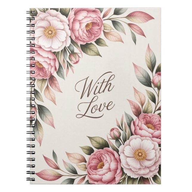 Romantisk Rosa Peony "With Kärlek"-Blommigt - bärb Anteckningsbok (Framsidan)