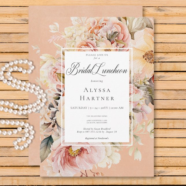 Romantisk Rosa &  Ro Peach Möhippa Luncheon Inbjudningar (Romantic Pink & Blush Roses Peach Bridal Luncheon Invitation)