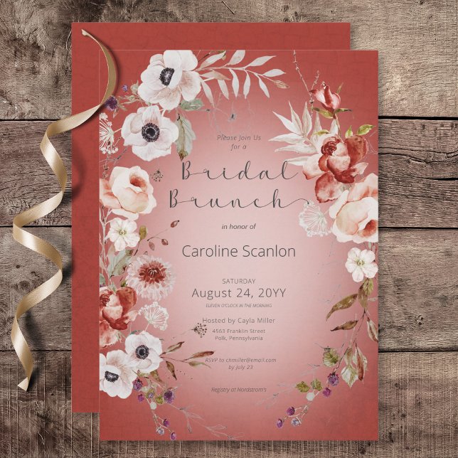 Romantisk Rosa Röd Blommig Bröllopsbrunch Inbjudningar (Romantic Rose Red Floral Bridal Brunch Invitation)