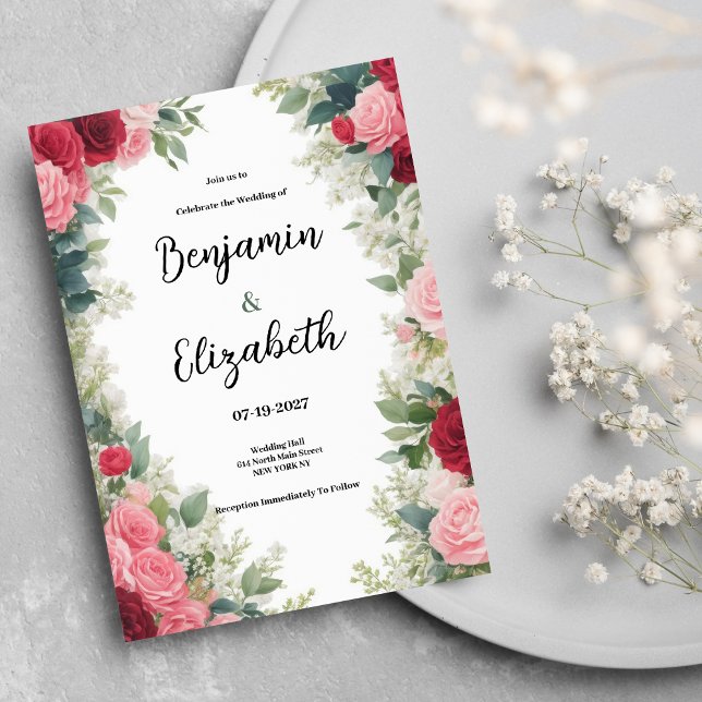 Romantisk rosa röd vit mynta ro blommigt Bröllop Inbjudningar (Romantic pink red white mint roses floral Wedding )