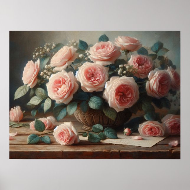 Romantisk Rosa ros Blommigt Oljemålning Poster (Framsidan)