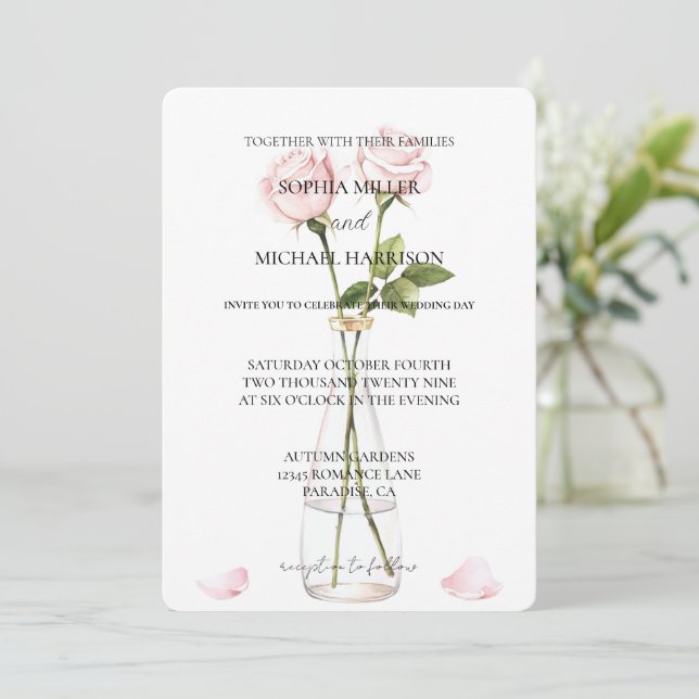 Romantisk Rosa ros Blommigt Vas Bröllop Inbjudningar (Stående Fram)