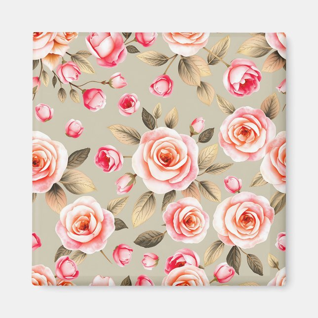 Romantisk Rosa Ros Blommönster Magnet (Framsidan)