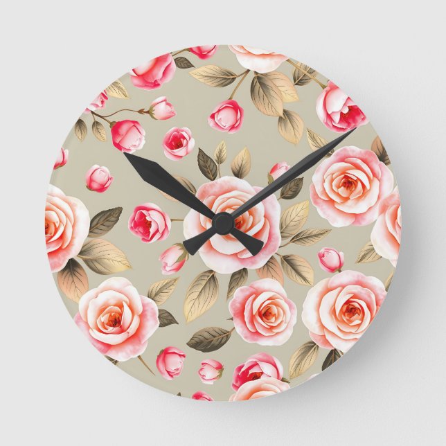 Romantisk Rosa Ros Blommönster Rund Klocka (Framsida)