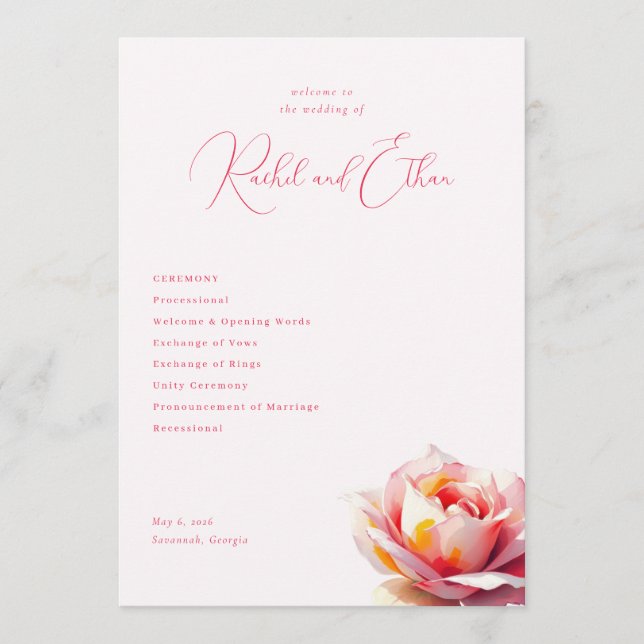 Romantisk Rosa Ros Bröllop Program (Framsida)