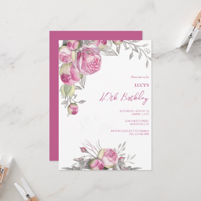 Romantisk Rosa ros Dekoration Födelsedagsfest Inbjudningar (Fram/Back In Situ)