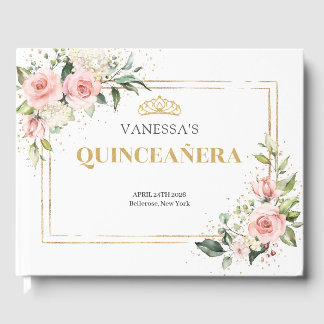 Romantisk rosa ros guld tiara Quinceanera Gästböcker