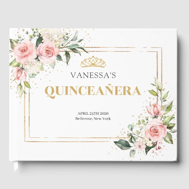 Romantisk  rosa ros guld tiara Quinceanera Gästböcker (Framsida)