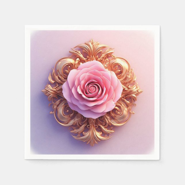Romantisk Rosa Ros och Guld Dekorativ Pappersservett (Framsidan)