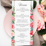 Romantisk Rosa ros och kalligrafi Meny<br><div class="desc">Fina kolumner med elegant vattenfärg  rosa ros och grönt på en subtil pastellbakgrund med vattenfärg och mittetikett med guld gräns. Innehåller textgrafik "Menu" i anpassningsbarnas skriptteckensnitt (eller ta bort och anpassa i designredigeraren) med redigerbar text fält. Innehåller block med redigerbar text fält för en fullständig mottagningsmiddag.</div>