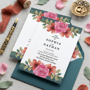 Romantisk Rosa Ros & Teal Bröllopsinbjudan Inbjudningar