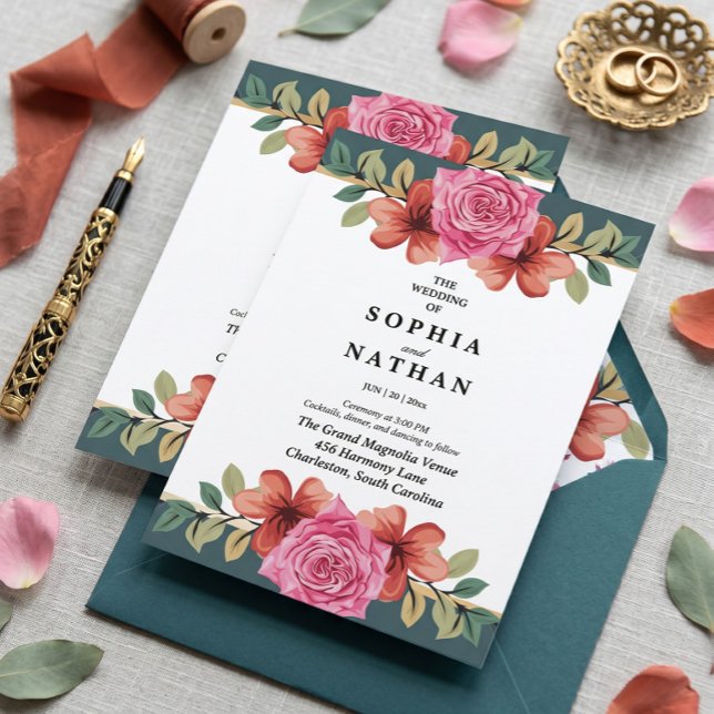 Romantisk Rosa Ros & Teal Bröllopsinbjudan Inbjudningar (Skapare uppladdad)