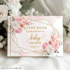 Romantisk rosa sage peonies guld babydusch gästböcker