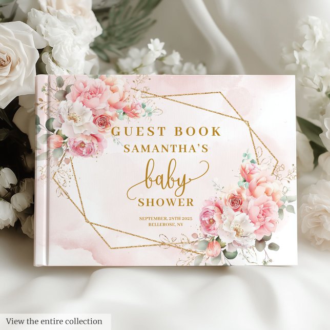 Romantisk  rosa sage peonies guld babydusch gästböcker (Romantic blush pink sage peonies gold baby shower Guest Book)