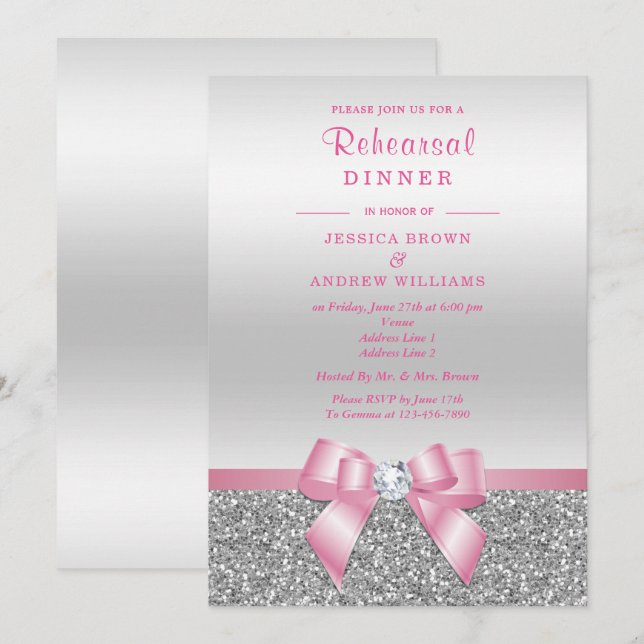 Romantisk Rosa Slinga Silver Glitter Övningsmiddag Inbjudningar (Fram/baksida)