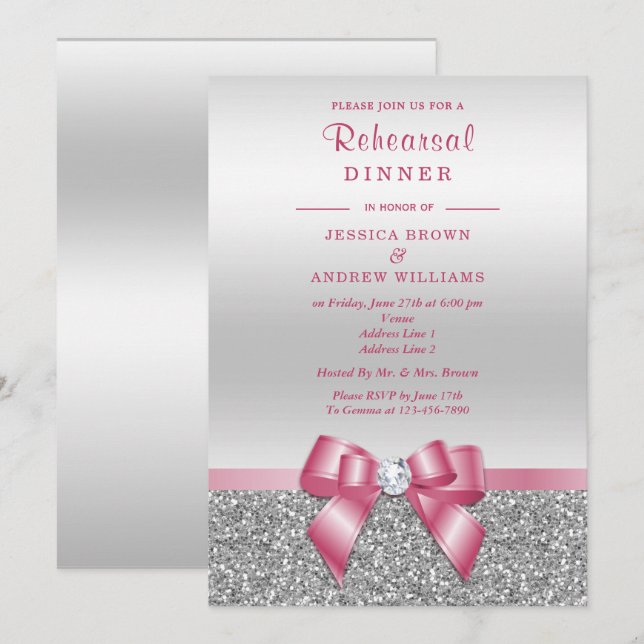 Romantisk Rosa Slöja, Silver Glitter Övningsmiddag Inbjudningar (Fram/baksida)