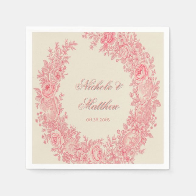 Romantisk Rosa Toile Flower Bröllop Pappersservett (Framsidan)